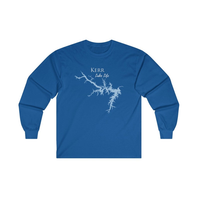 May include: A royal blue long-sleeve t-shirt with a white outline of Kerr Lake and the text "Kerr Lake Life".