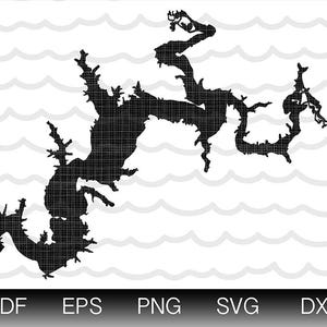 May include: A black and white graphic of a lake's shoreline, with a textured fill. The image is set against a white background with wavy lines. The bottom of the image displays file type options: PDF, EPS, PNG, SVG, and DXF.