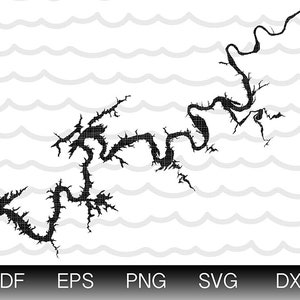 Puede incluir: Silueta en blanco y negro de un río o lago sinuoso con una costa irregular.