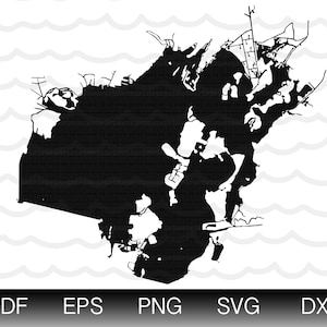 May include: Black and white silhouette of a city skyline. The skyline is detailed and includes buildings, roads, and water features.