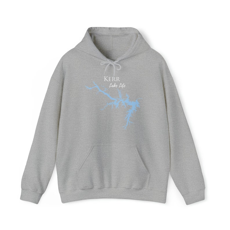 May include: A gray hooded sweatshirt with a blue outline of Kerr Lake and the text "Kerr Lake Life" printed on the front.