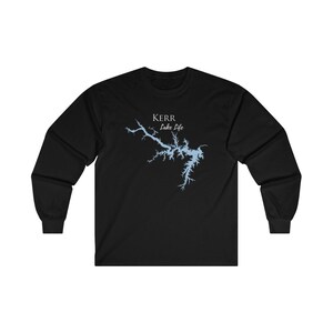 May include: Black long-sleeve t-shirt with a blue outline of Kerr Lake and the text "Kerr Lake Life" in white.