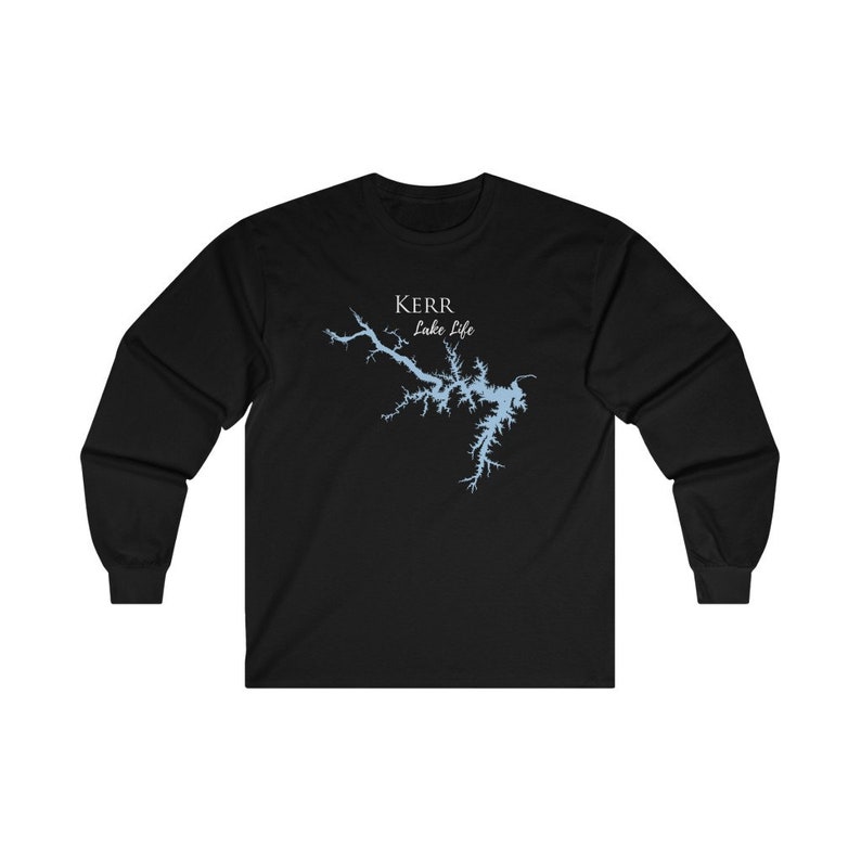 May include: Black long-sleeve t-shirt with a blue outline of Kerr Lake and the text "Kerr Lake Life" in white.