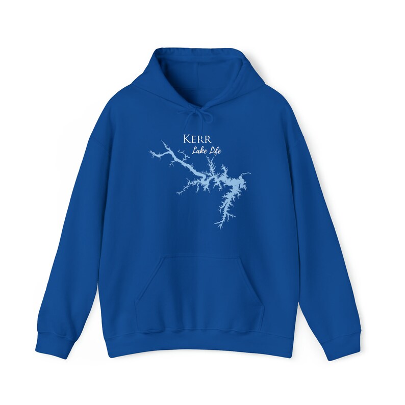 May include: Royal blue hooded sweatshirt with a light blue outline of Kerr Lake and the text "Kerr Lake Life" printed on the front.