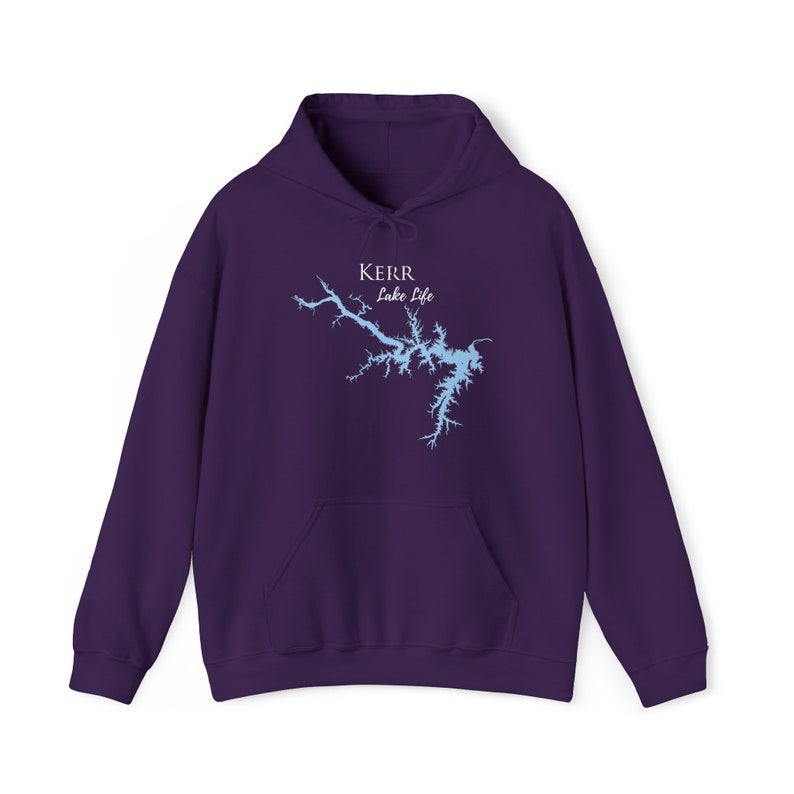 May include: Purple hooded sweatshirt with a light blue outline of Kerr Lake and the text "Kerr Lake Life" printed on the front.