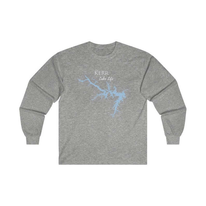 May include: A heather grey long-sleeve t-shirt with a blue outline of Kerr Lake and the text "KERR Lake Isle" in white.