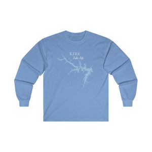 May include: Light blue long-sleeved t-shirt with a white outline of Kerr Lake and the text "Kerr Lake Life".