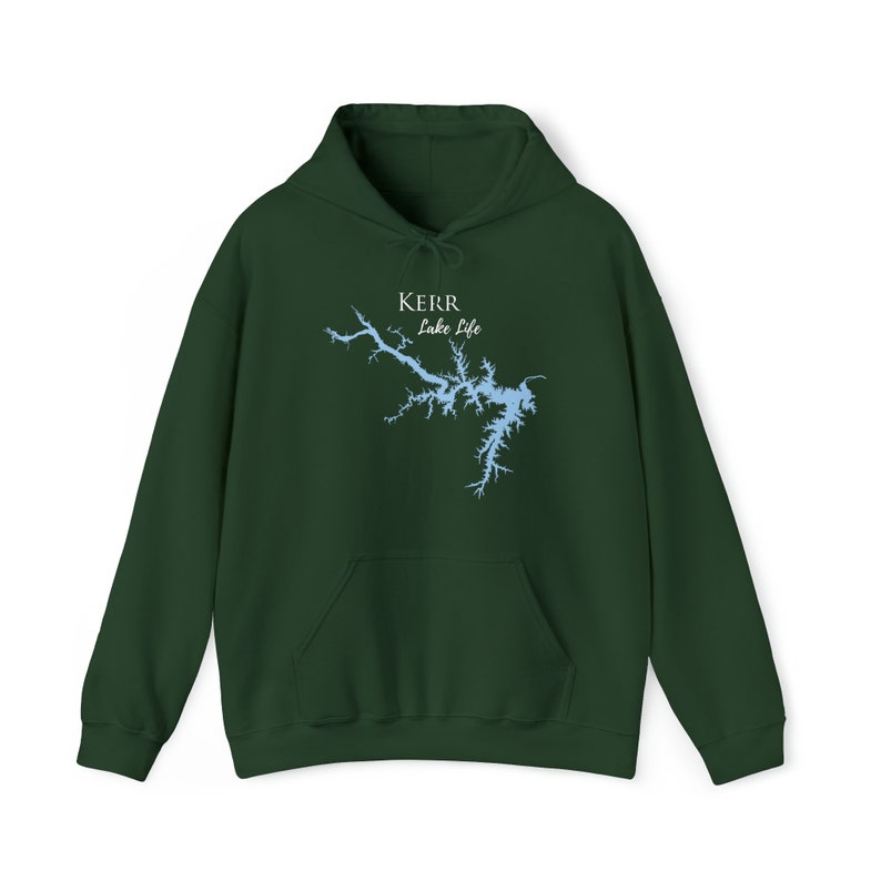 May include: A dark green hooded sweatshirt with a light blue outline of Kerr Lake and the text "Kerr Lake Life" in white.