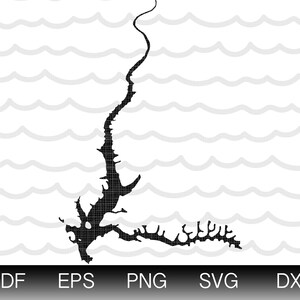 May include: Black silhouette of a lake with a long, winding shape. The lake is outlined in a jagged, irregular shape, suggesting a natural body of water.