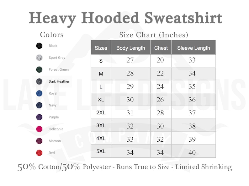 Op de afbeelding: Maattabel voor een zwaar hooded sweatshirt in verschillende kleuren, waaronder zwart, sportgrijs, bosgroen, donker grijs melange, koninklijkblauw, marineblauw, paars, heliconia, donkerrood en rood. De tabel toont de maten in inches voor lichaamslengte, borst en mouwlengte voor maten S tot 5XL. De stof is 50% katoen en 50% polyester.
