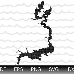 Peut inclure: Silhouette noire et blanche d'un lac avec un rivage sinueux. Le lac est délimité par une grille.