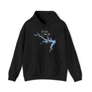 May include: Black hooded sweatshirt with a blue outline of Kerr Lake and the text "Kerr Lake Life" in white.