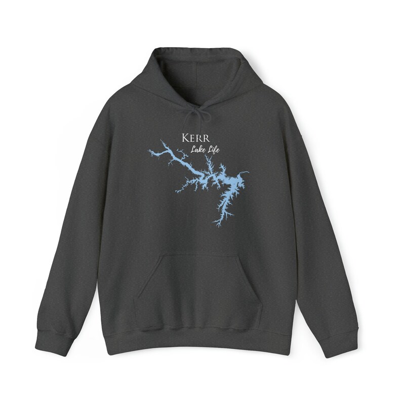 May include: A dark gray hooded sweatshirt with a blue outline of Kerr Lake and the text "Kerr Lake Life" printed on the front.