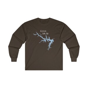 May include: A brown long-sleeve t-shirt with a light blue outline of Kerr Lake and the text "Kerr Lake Life" in white.