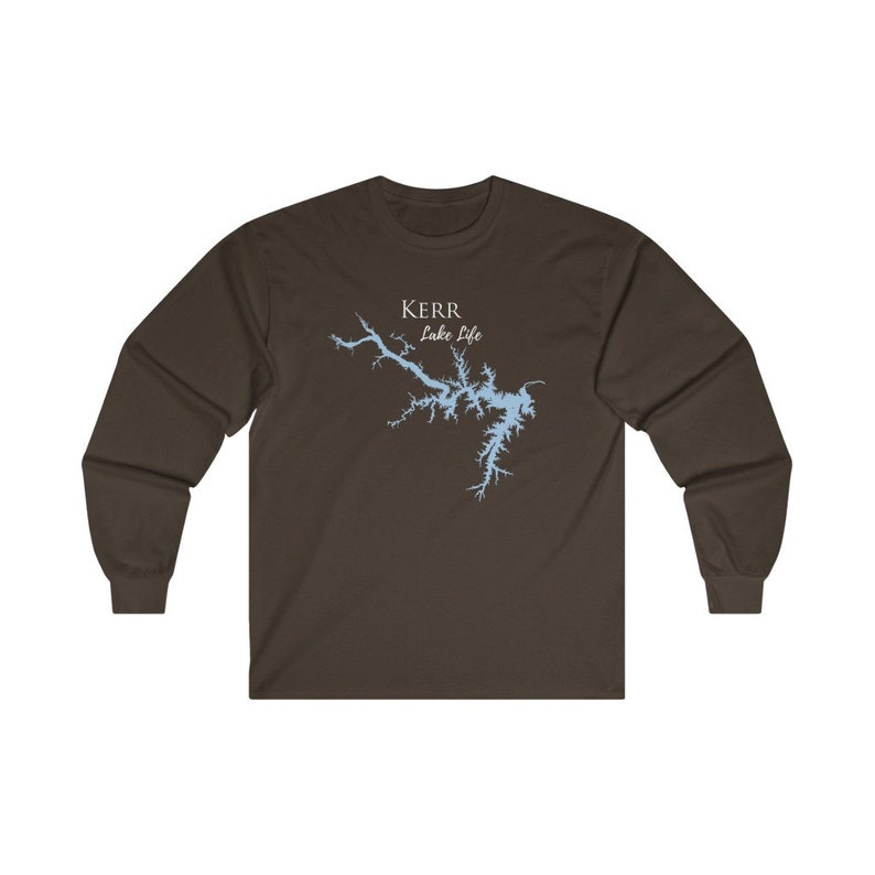 May include: A brown long-sleeve t-shirt with a light blue outline of Kerr Lake and the text "Kerr Lake Life" in white.