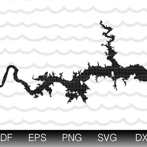 May include: Black and white silhouette of a lake with a winding shoreline. The lake is outlined in a textured pattern.