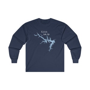 May include: Navy blue long-sleeve t-shirt with a white outline of Kerr Lake and the text "Kerr Lake Life".