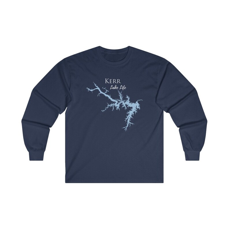 May include: Navy blue long-sleeve t-shirt with a white outline of Kerr Lake and the text "Kerr Lake Life".