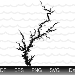 Puede incluir: Silueta en blanco y negro de un lago con una costa muy intrincada. El lago tiene la forma de una rama de árbol.