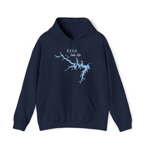 May include: Navy blue hooded sweatshirt with a light blue outline of Kerr Lake and the text "Kerr Lake Life" printed on the front.