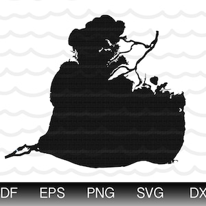 Peut inclure: Silhouette noire et blanche d'un lac de forme irrégulière. Le lac est entouré d'un fond blanc avec un motif ondulé.