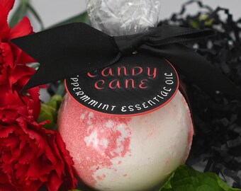 Candy Cane Bath Bomb, Peppermint Essential Oil & Sugar Scent, Sweet Almond Oil, Epsom Salts