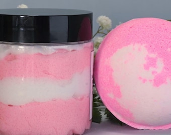 Strawberries & Cream Bath Set: Bath Bomb and Whipped Sugar Scrub, Shea Butter Body Frosting