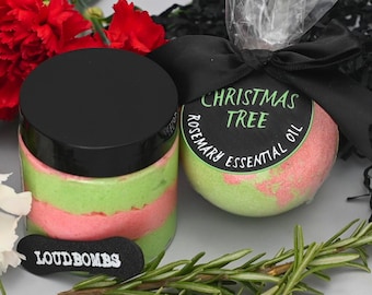 O Christmas Tree Bath Set, Whipped Sugar Scrub and Bath Bomb, Rosemary Essential Oil