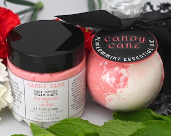 Candy Cane Bath Set, Peppermint Sugar Scrub & Bath Bomb, Christmas Gift