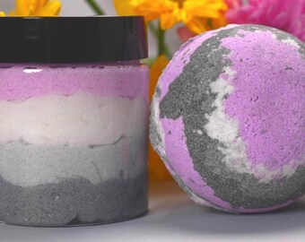 Asexual Pride Sugar Scrub & Bath Bomb Self Care Set, Sage and Rose Scent