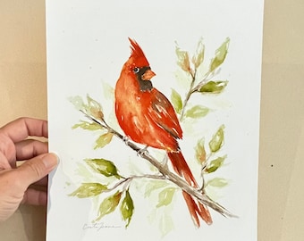 Red Cardinal Watercolor Print, Red Bird Wall Art (8x10)