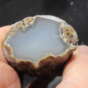 May include: A cross-section of a polished agate stone, showcasing a pale blue center surrounded by a brown and tan outer layer. The stone's edges have a textured, rough appearance, contrasting with the smooth, polished interior.