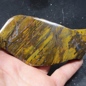 Puede incluir: Una piedra pulida de forma irregular con un llamativo patrón de vetas amarillas, marrones y negras. La piedra se sostiene en una mano, mostrando sus colores y texturas naturales. La superficie de la piedra tiene un acabado brillante.