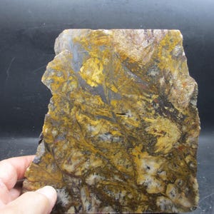 Puede incluir: Una losa rectangular de piedra natural con un borde áspero e irregular. La piedra presenta un patrón complejo de colores, incluyendo tonos de amarillo, marrón, gris y blanco. La piedra está sostenida en una mano.