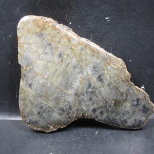 Puede incluir: Una losa de piedra natural con una forma única y una mezcla de colores. La piedra presenta una base gris y blanca con inclusiones grises y negras más oscuras. Finas vetas de color marrón dorado recorren la piedra.