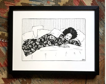 Reading - Framed or not - Black and white illustration of a woman reading a book laying on a bed