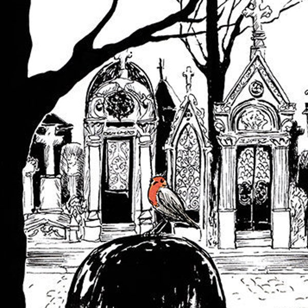 Illustration Père Lachaise Paris dessin encre de Chine impression d'art noir et blanc memento mori gothique cimetière imprimé à Paris