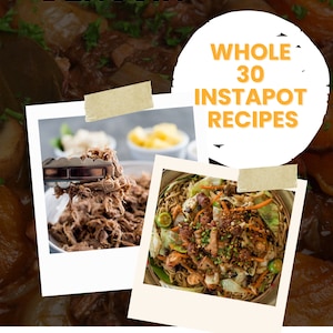May include: A graphic with the text "The Fit Penguin" in a white circle with a penguin logo. The graphic also includes two photos of food, one of pulled pork and one of noodles with vegetables. The text "Whole 30 Instapot Recipes" is in a yellow circle. The text "Download PDF Here" is in a yellow rectangle.