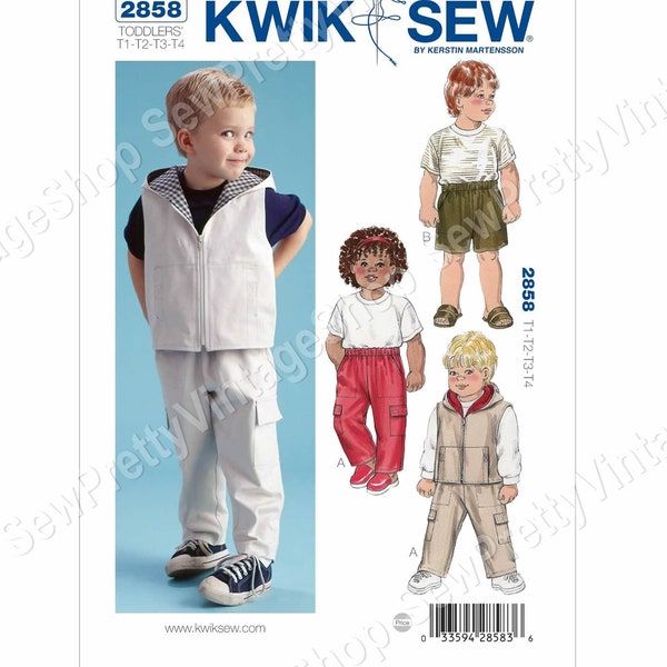 Kwik Sew 2858 Toddlers Casual Clothes: zip up sleeveless jacket, hoodie vest, cargo pants, knee length shorts sewing pattern size 1 2 3 4