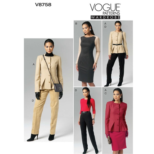 Vogue 8758 Modest Separates: long sleeve dress, fitted collarless jacket, pencil skirt, slim tapered pants sewing pattern size 6 8 10 12