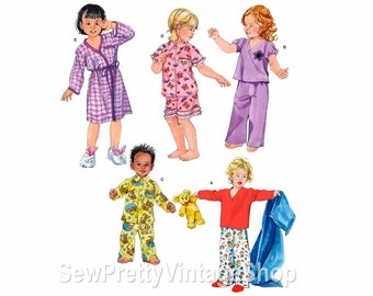 Simplicity 3584 Toddlers Pajamas: boys, girls top, button shirt, pull on pants, shorts, collarless wrap robe sewing pattern size 1/2 1 2 3 4