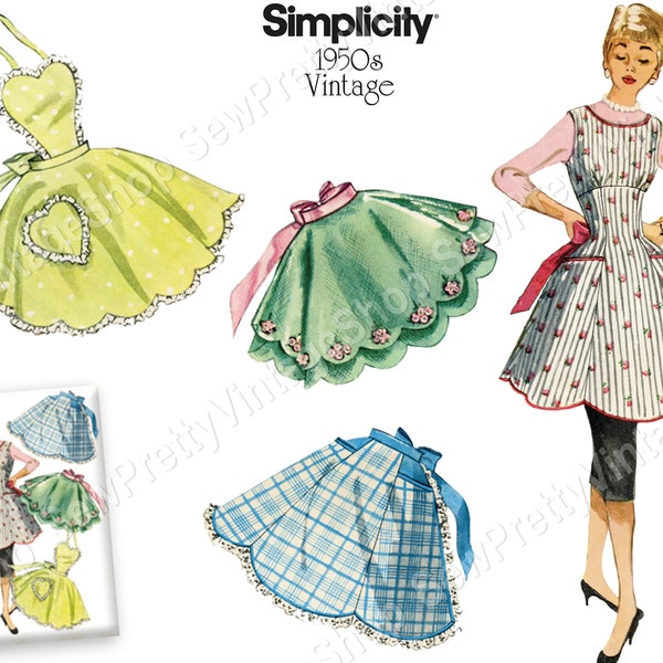 Simplicity 10149 1950s Retro Aprons: pinafore, full & half baking, holiday apron with pockets sewing pattern size 10 12 14 16 18 20