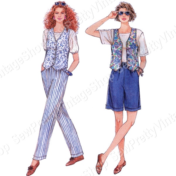 Simplicity 8878 90s Modest Summer Clothes: lined vest w/ low armholes, casual elastic waist pants, long shorts easy sewing pattern size 8-18