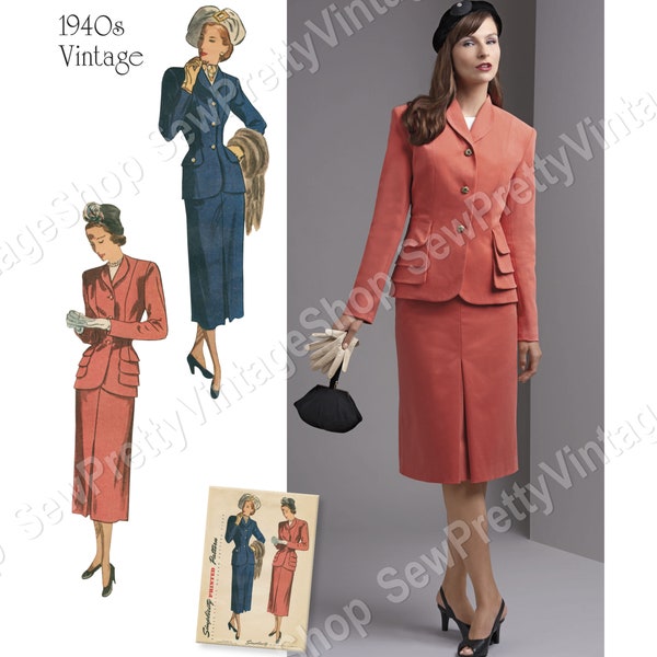 Simplicity 10146 40s Two Piece Noir Suits: 1940s collared lined jacket, midi or below knee straight skirt sewing pattern size 10-18 or 20-28