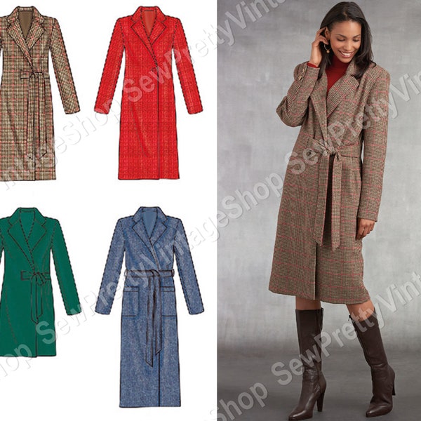 Simplicity 8796 Minimalist Asymmetrical Coats: knee, thigh or ankle length lined side close wrap coat sewing pattern size 6 8 10 12 14