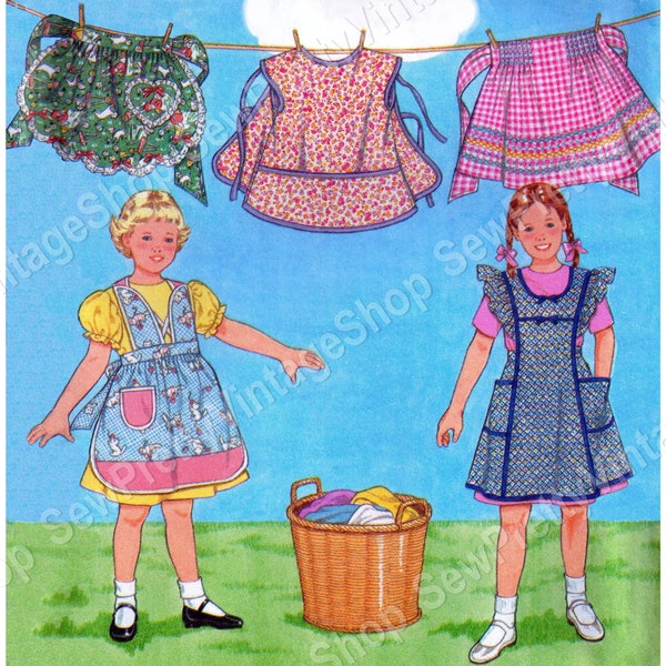 Simplicity 8916 Girls 40s Retro Aprons: gathered or smocked half apron, smock, bib or pinafore full apron sewing pattern size 3-4-5-6-7-8
