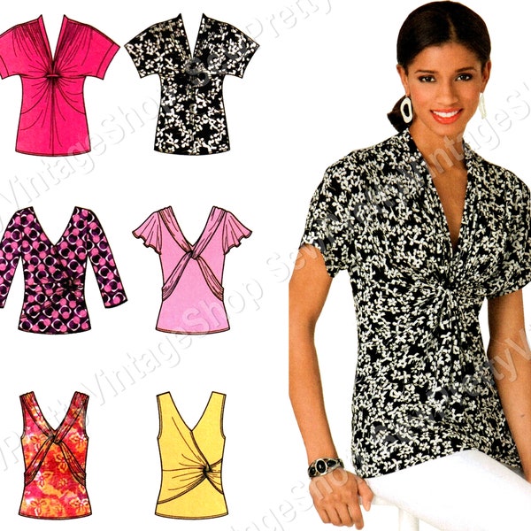 Simplicity 2181 Knit Tops: sleeveless flutter short or three quarter sleeve gathered vneck top pattern size 6 8 10 12 14  or 16 18 20 22 24