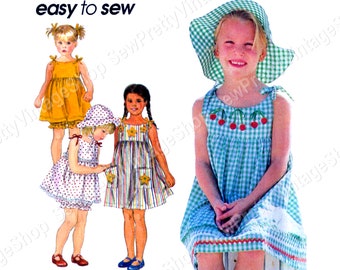 Simplicity 9000 90s Little Girls Summer Dresses: sun hat, yoked tie shoulder sundress or tunic & bloomers panties sewing pattern size 5 6 6X