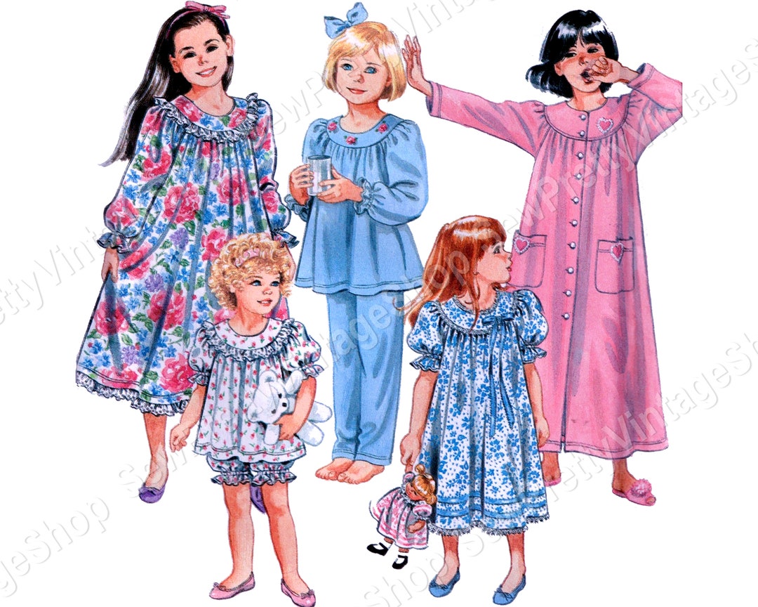 Simplicity 8093 90s Girls Yoked Pajamas, Robe Long or Short Sleeve