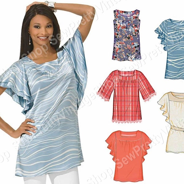 New Look 6939 Yoked Summer Tops: modest high neck flutter or elbow sleeve tunic, sleeveless top with yoke sewing pattern size 8-18
